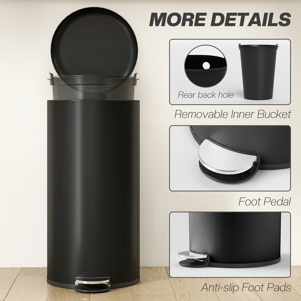 HOMCOM Kosz na śmieci 30 l pedałowy z pokrywą, wkładem wewnętrznym, funkcja miękkiego domyku 36 x 30 x 63,5 cm, czarny | Aosom PL