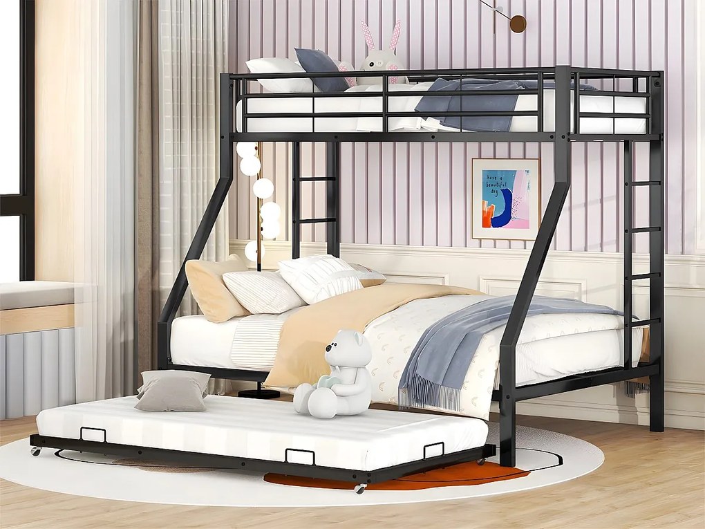Łóżko piętrowe 90/140x200cm z łóżkiem wysuwanym 90x190cm - metalowa rama - Czarny