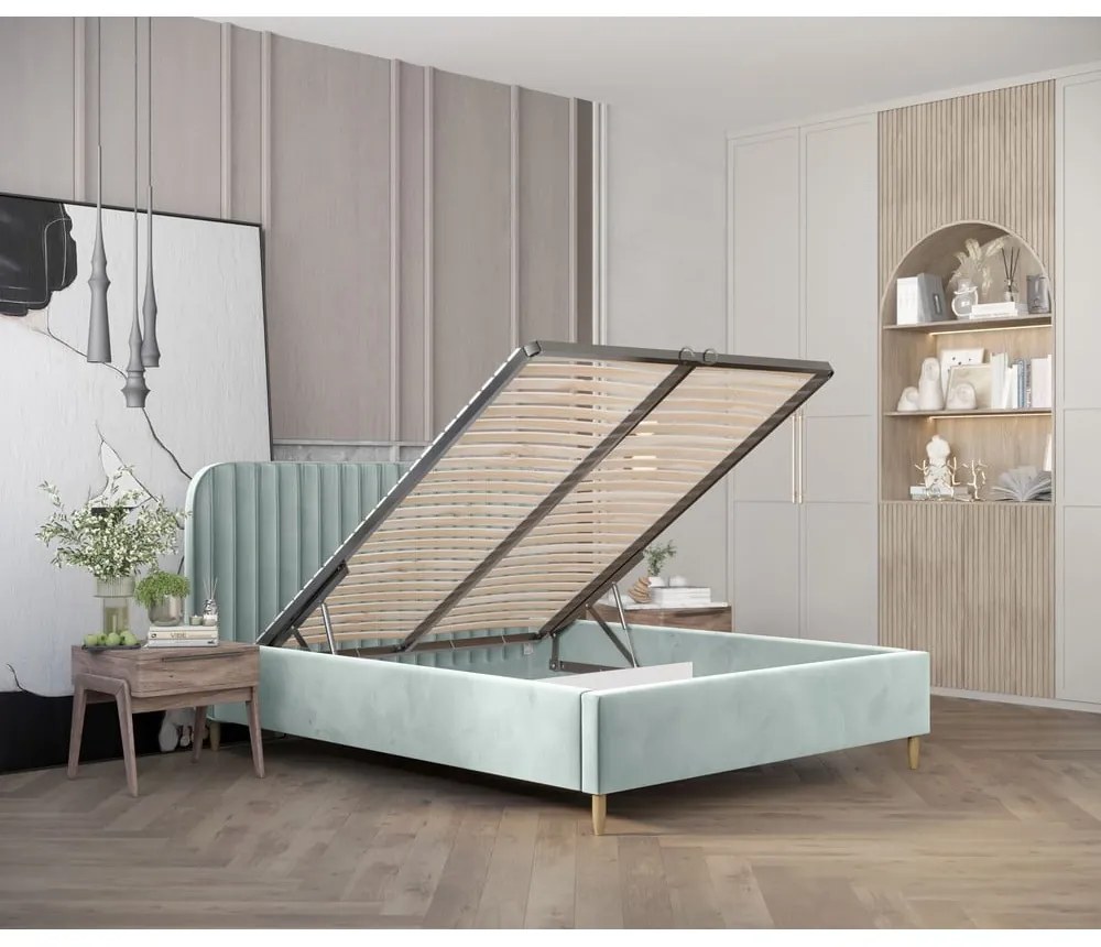 Miętowe tapicerowane łóżko dwuosobowe ze schowkiem i stelażem 160x200 cm Noto – Maison de Rêve