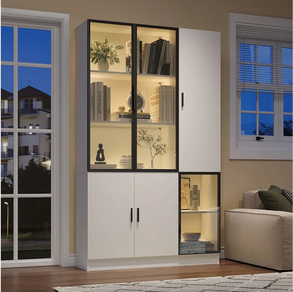 Nowoczesna witryna - 120 x 35 x 200 cm - z 3 drzwiami szklanymi + diody LED - MDF + szkło - biała