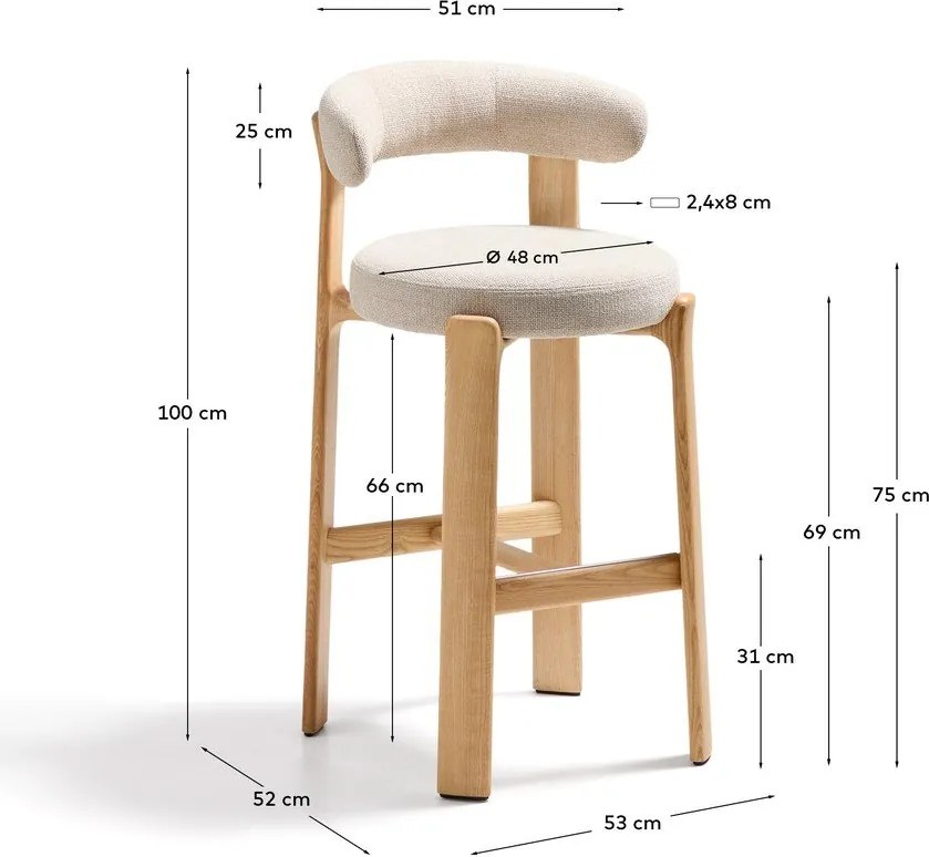 Beżowo-naturalny kolorze hoker z litego drewna jesionowego (wysokość siedziska 75 cm) Granite – Kave Home