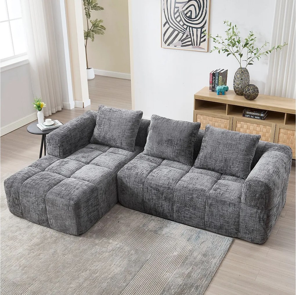 Sofa w kształcie litery L, szara szenilowa, sofa trzyosobowa z podłokietnikami i poduszkami, odpowiednia do salonu i biura