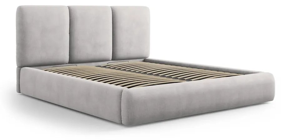 Jasnoszare tapicerowane łóżko dwuosobowe ze schowkiem i stelażem 200x200 cm Brody – Mazzini Beds