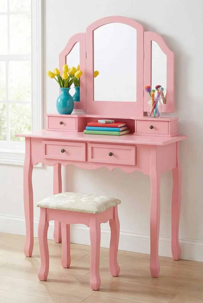 Różowa toaletka dla nastolatki ze stołkiem T9-T34