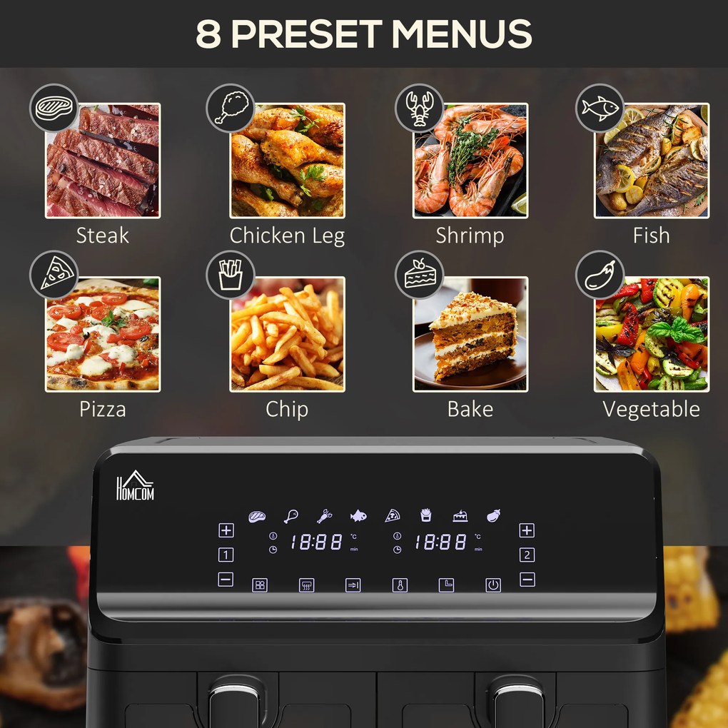 HOMCOM Frytkownica na gorące powietrze, 2 koszyki po 4 litry, 8 programów, światło, timer, 38,5 x 38 x 30,5 cm, Czarna