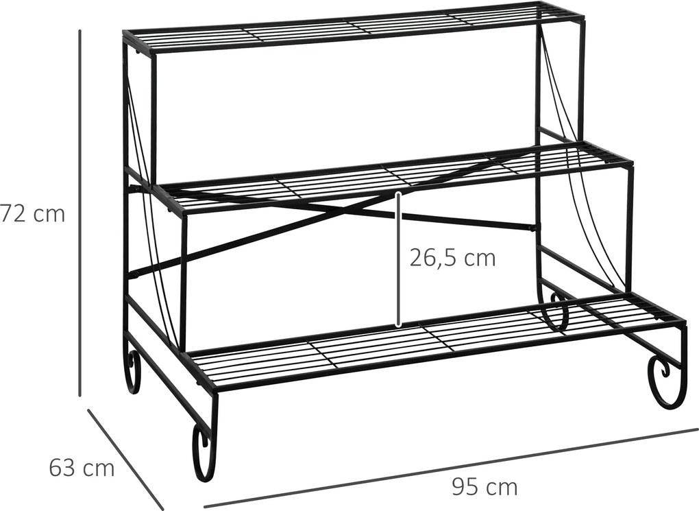 Outsunny Regał na kwiaty 3-poziomy Metalowy stojak na rośliny Do wnętrz i ogrodu Czarny 95x63x72cm | Aosom PL