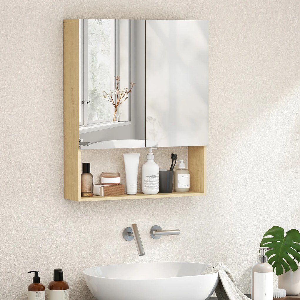 HOMCOM szafka łazienkowa z lustrem, drzwi z lustrem, otwarta półka, montaż na ścianie, MDF, płyta wiórowa, dąb