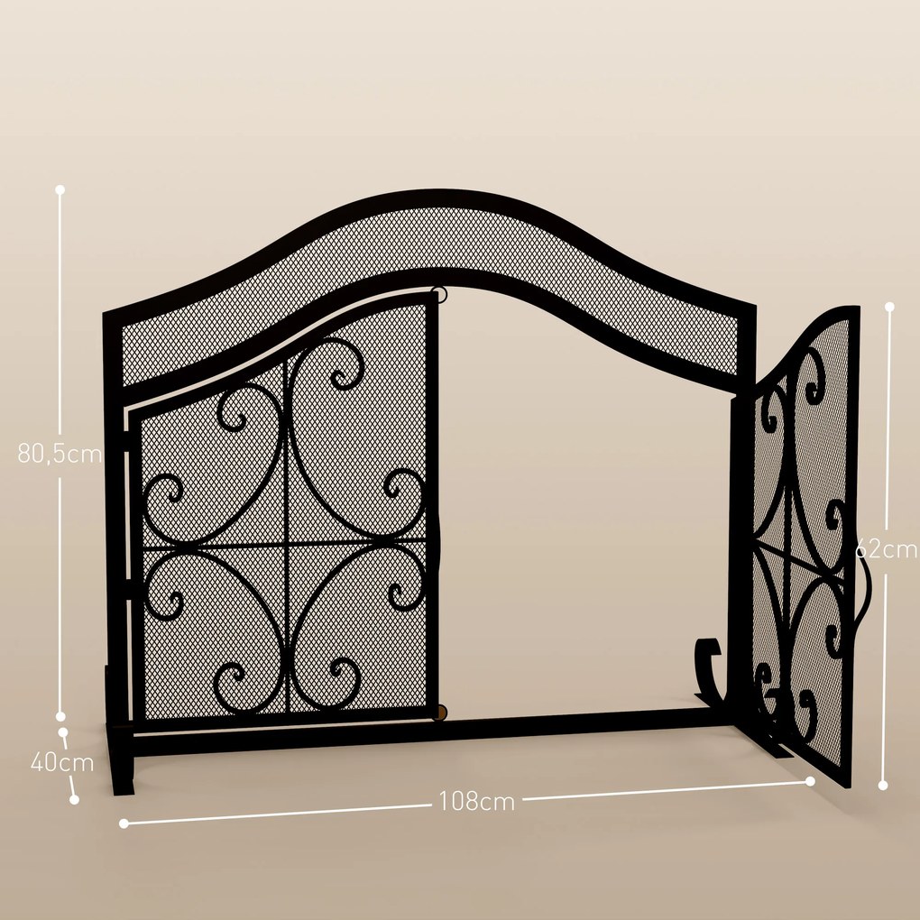 HOMCOM Siatka przeciw iskrom dla kominka, elegancki wzór, podwójne drzwi, magnetyczne zamknięcia, czarny, 105 x 40 x 80,5 cm