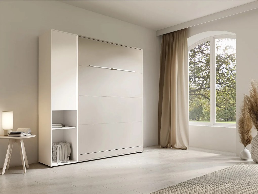 Łóżko chowane w szafie pionowe 160 x 200 cm - 1 kolumna do przechowywania - Z oświetleniem LED - Beżowe - RAPILI