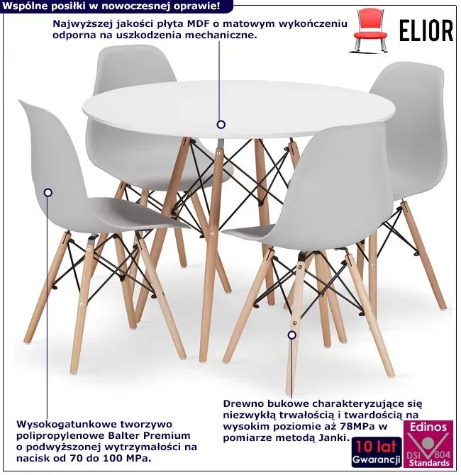 Zestaw biały okrągły stół 100 cm i 4 krzesła - Osato 7X 3 kolory