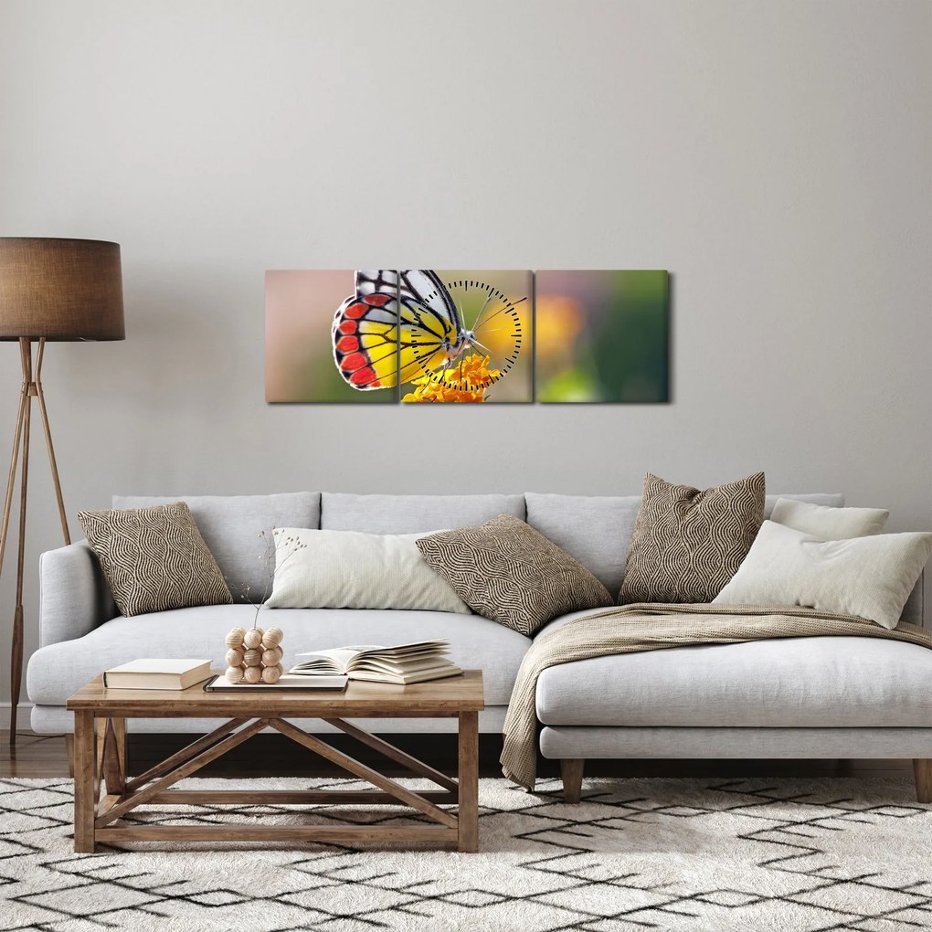 Obraz motyla na kwiatku (z zegarem) (90x30 cm)