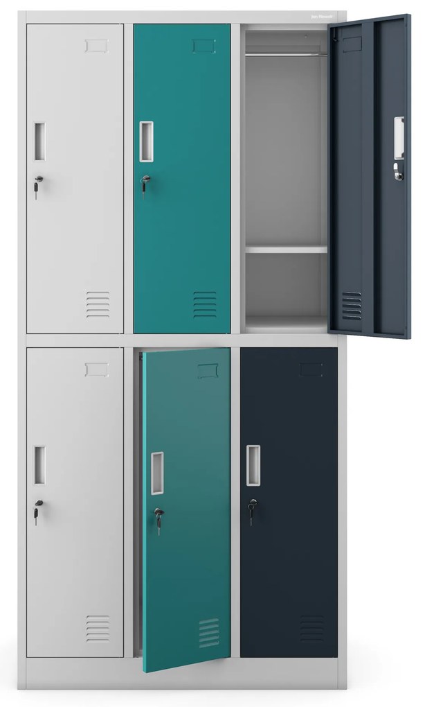 Szafka socjalna ubraniowa BHP szaro-wielokolorowa: 6-drzwiowa IGOR, 900 x 1850 x 450 mm