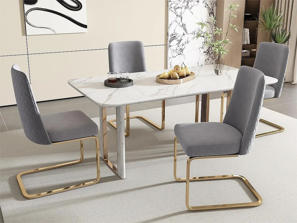 Zestaw 4 krzeseł typu cantilever z weluru - oparcie w romby - metalowa podstawa w kolorze złotym - Szary