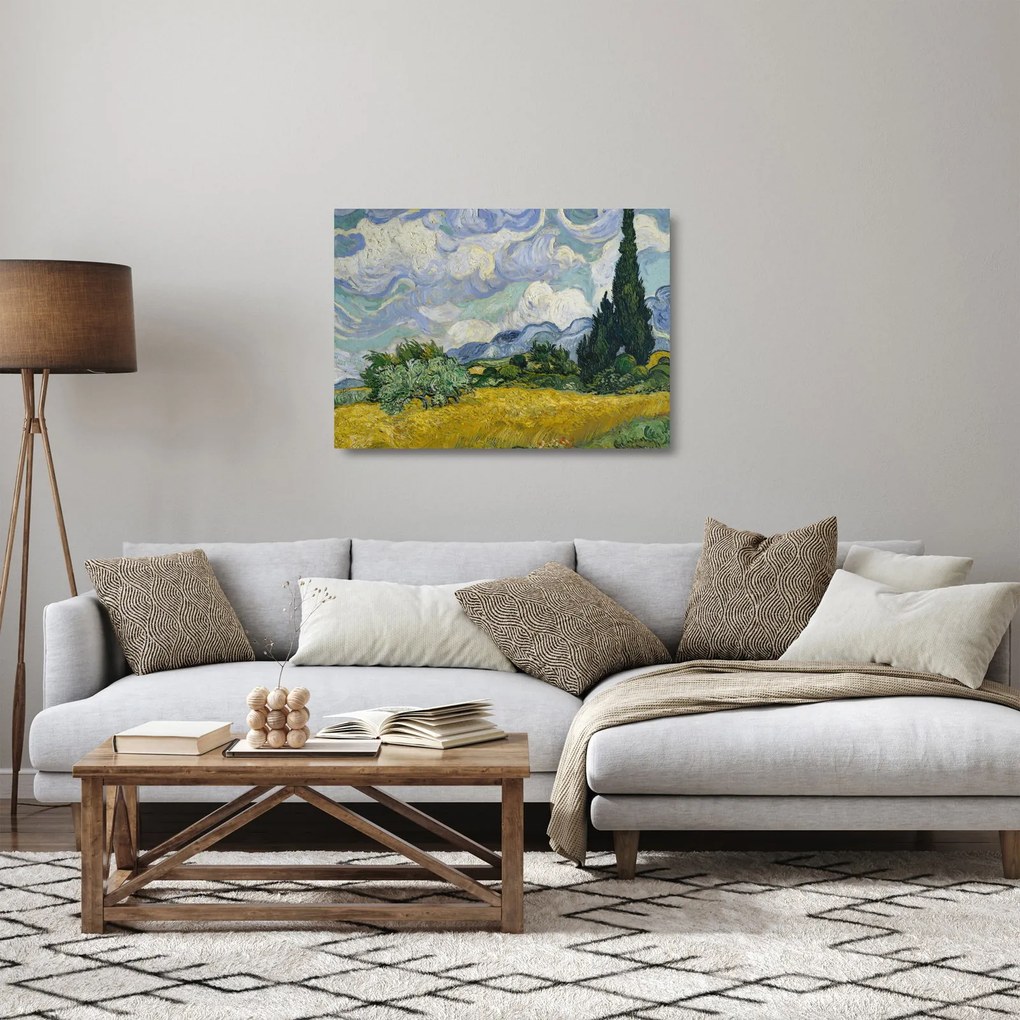 Obraz na szkle - Vincent van Gogh, Wheat Field with Cypresses, reprodukcje (70x50 cm)