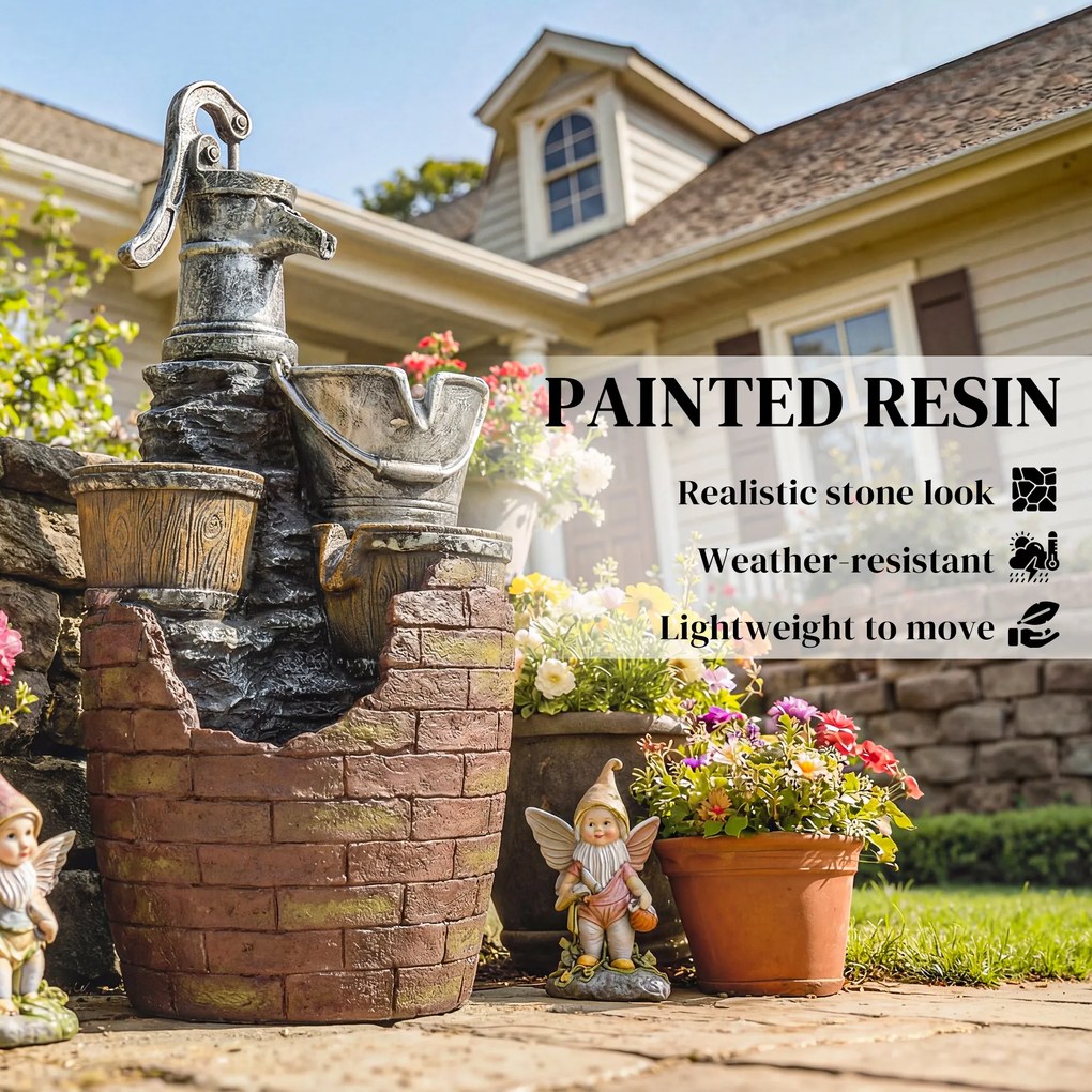 Outsunny Fontanna ogrodowa 4-stopniowa rustykalna z oświetleniem LED, pojemnikiem na rośliny, pompą, regulowana 34 x 31 x 76 cm | Aosom PL