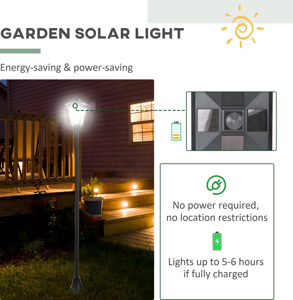 Outsunny Solarna Latarnia Ogrodowa LED Oświetlenie Chodnikowe 10 Lumenów Czarna 15x15x120cm | Aosom PL