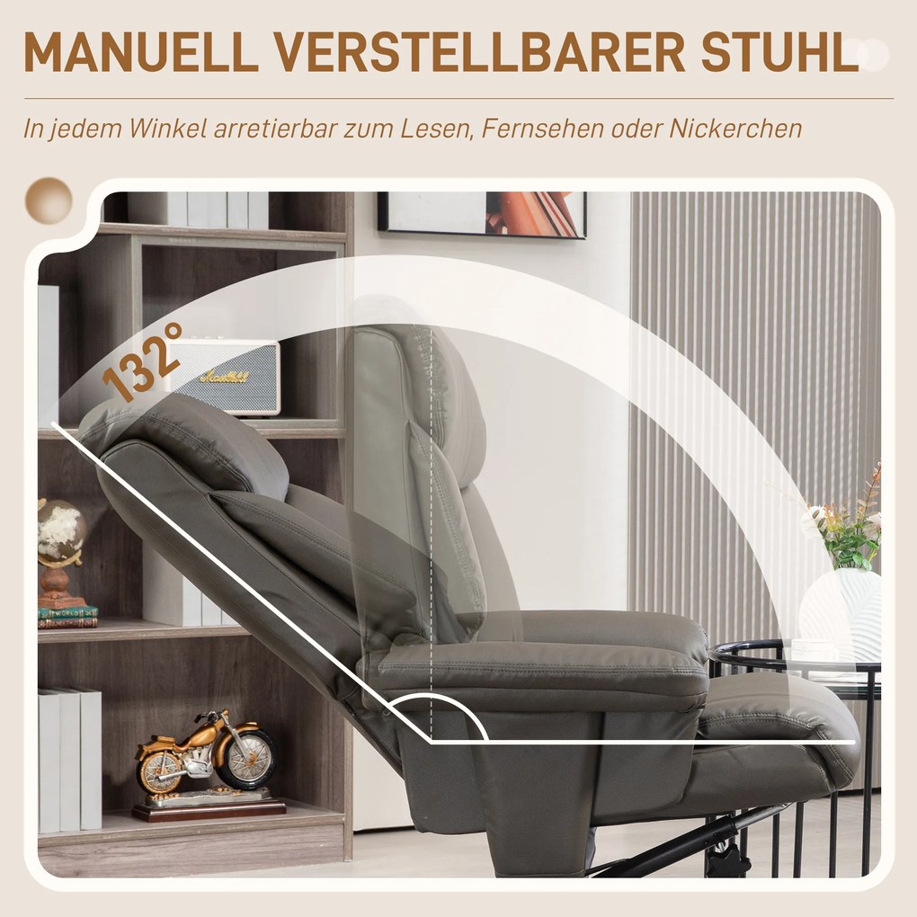 HOMCOM Fotel Relaksacyjny z Podnóżkiem, Regulowane Oparcie, Skóra Ekologiczna, do 150 kg, Szary