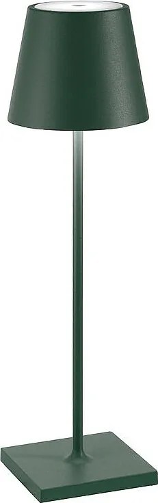 Lampa stołowa LED Poldina Pro w kolorze ciemnozielonym, ładowalna i ściemnialna, z czasem pracy na baterii do 12 godzin.