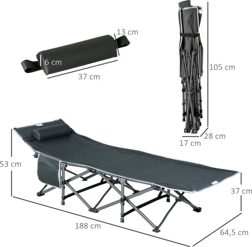 Outsunny Składane łóżko kempingowe z poduszką, 188 x 64,5 x 53 cm, Szary