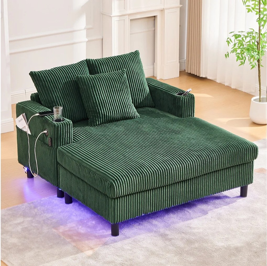 Sofa 3-osobowa rozkładana - 142 x 128 x 85 cm - z uchwytami na kubki + porty USB + diody LED - aksamitna - zielona