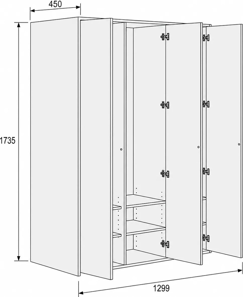 Szafka FRAME, 3 przedziały, 1299 x 450 x 1735 mm, PUSH-lock, orzech