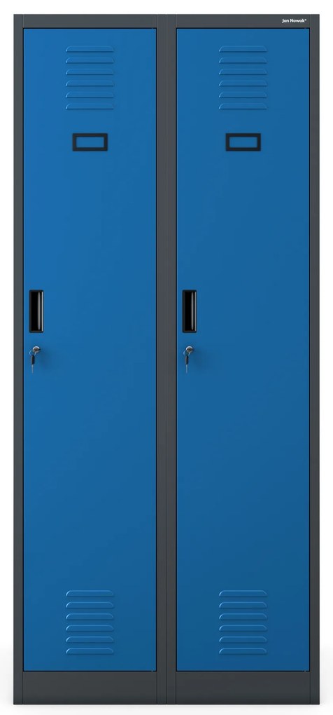 Szafka ubraniowa BHP antracytowo-niebieska: czterokomorowa KACPER, 800 x 1800 x 500 mm