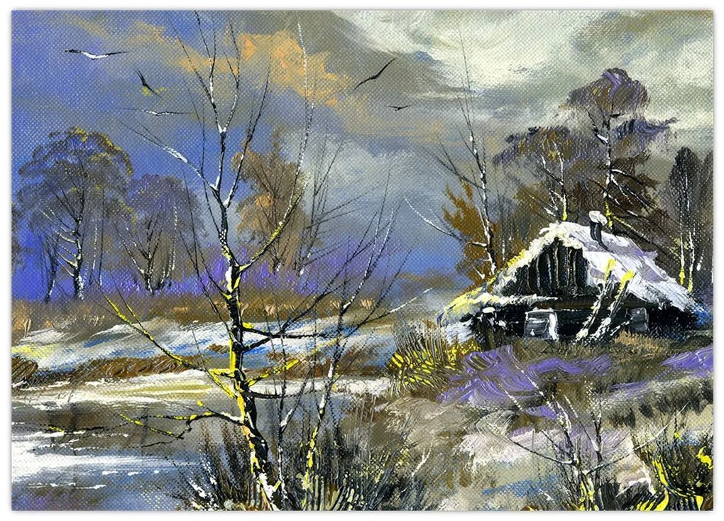 Obraz chaty w zimowym krajobrazie, obraz olejny (70x50 cm)