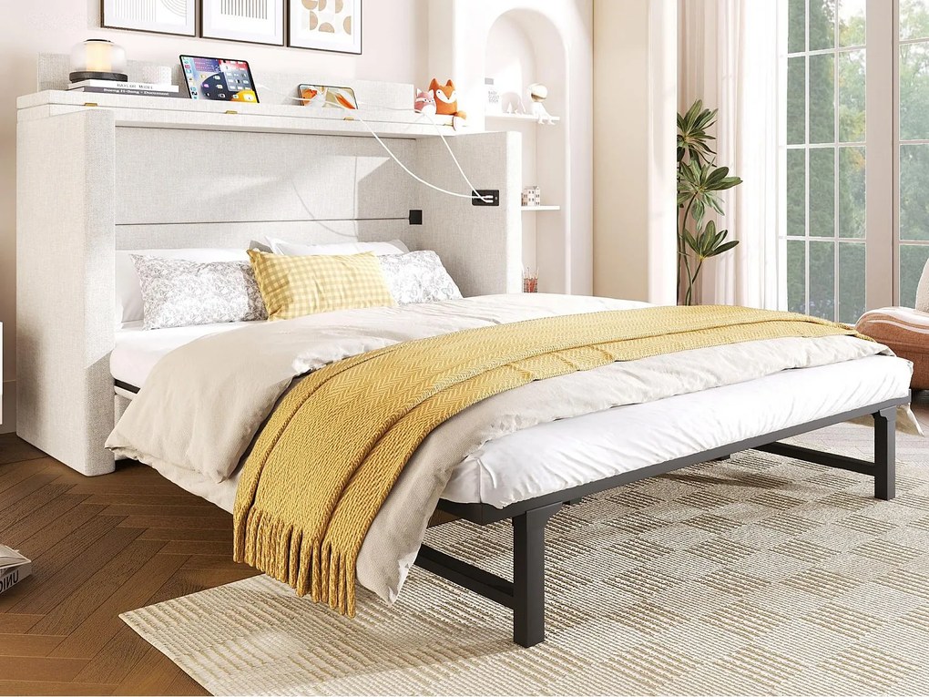 Łóżko Murphy'ego 140x200 cm - 1 szuflada - Przegródka do przechowywania - Porty USB i Type-C - Biały​ (materac nie jest wliczony w cenę)