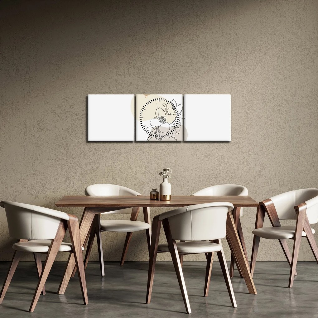 Obraz - Beżowe kwiaty z motylem N⁰3 (z zegarem) (90x30 cm)