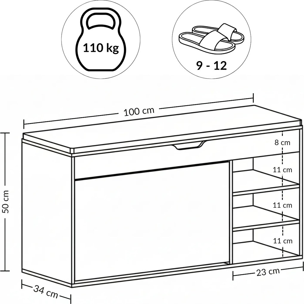 Szafka na buty z siedziskiem i wysuwanymi półkami GRADIA, 100 x 34 x 50 cm