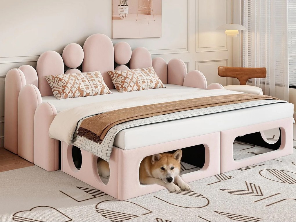 Tapicerowana sofa z łóżkiem 180x200cm - Tkanina welurowa - z stelażem lamelowym - różowy​ (materac nie jest wliczony w cenę)