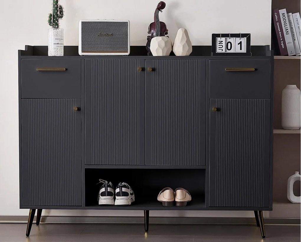 Szafka na buty - 2 szuflady + 4 drzwi + otwarta przegroda - Czarna