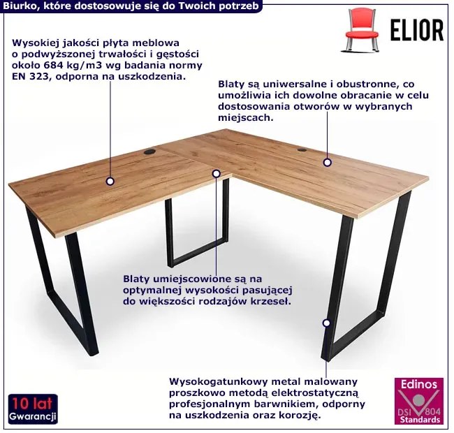 Loftowe biurko w kształcie litery L 90x180x60 dąb craft złoty - Irvo