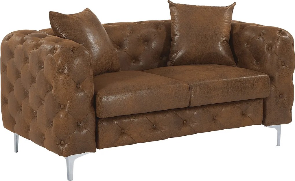 Kanapa 2-osobowa chesterfield z brązowej mikrofibry o wyglądzie postarzanej skóry - EDWINA
