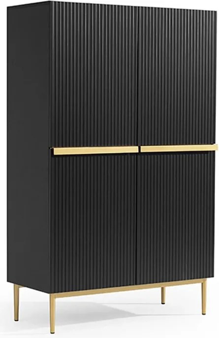 Komoda wysoka Nicole 100 cm dwudrzwiowa z ryflowanym frontem - czarny mat / złote nóżki
