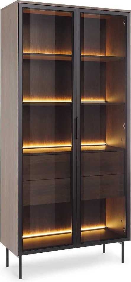 Witryna szklana 92 cm Senzia - oświetlenie LED, wysokie nóżki - witryna z szufladami, dąb Dunin