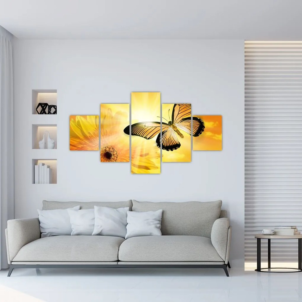 Obraz - Żółty motyl z kwiatkiem (125x70 cm)