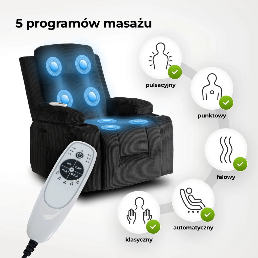 Fotel Masujący BOX Rozkładany Wypoczynkowy z Podnóżkiem Czarny Sztruksowy Nowoczesny