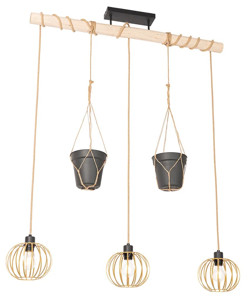 Rustykalna lampa wisząca złota z drewnem 3-światłowa - Yura Rustykalny / Vintage Oswietlenie wewnetrzne