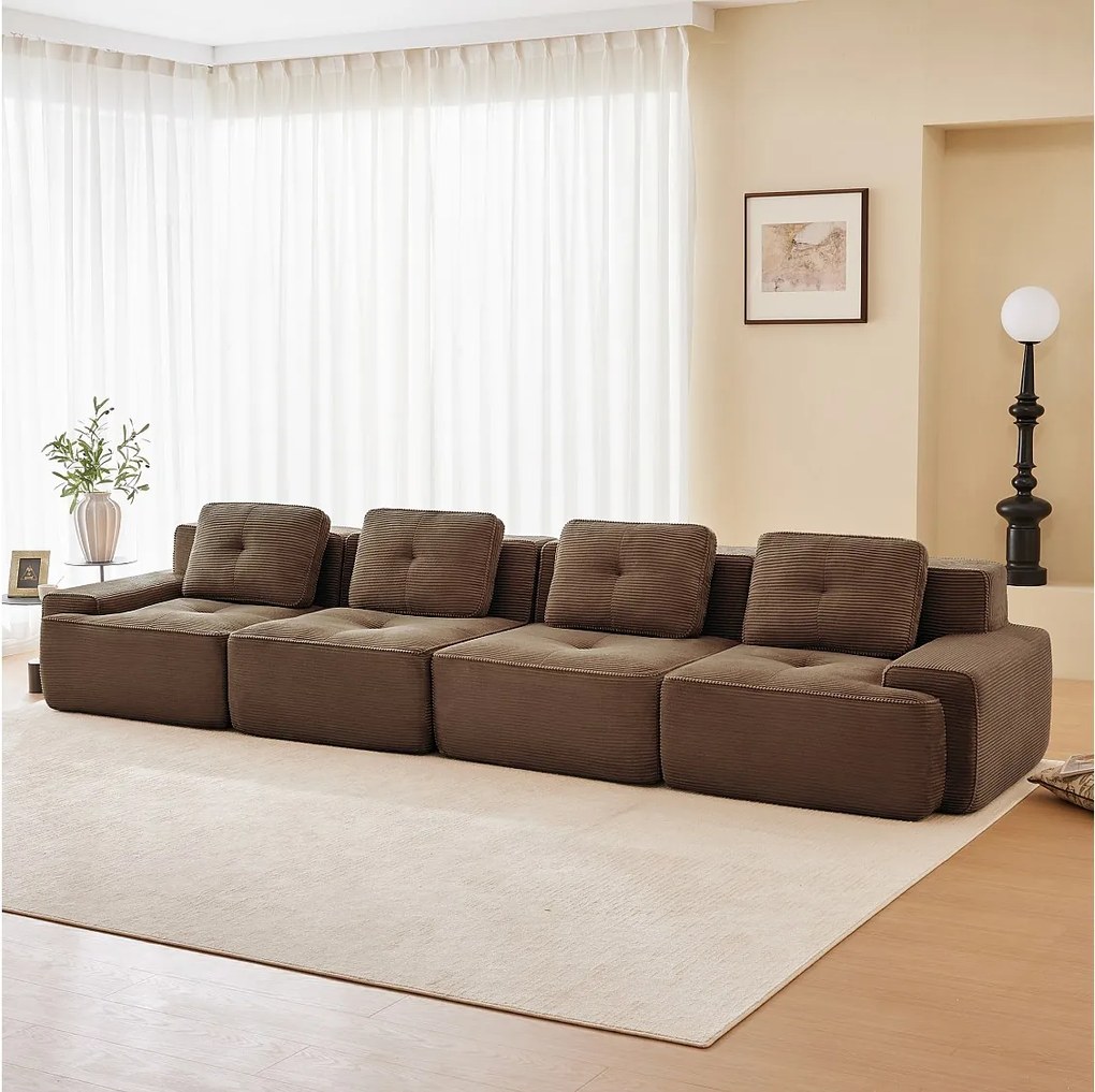 Modułowa Sofa 4-osobowa w Welurze żebrowanym, z 4 poduszkami, 382x104x69cm, Brązowy