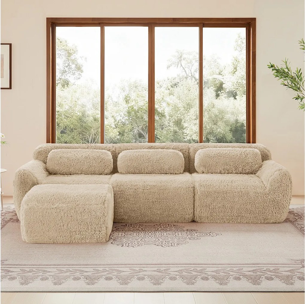 Modułowa Sofa Narożna 3-osobowa w tkaninie pluszowej, z pufą i 3 poduszkami, 291x179x73cm, Khaki