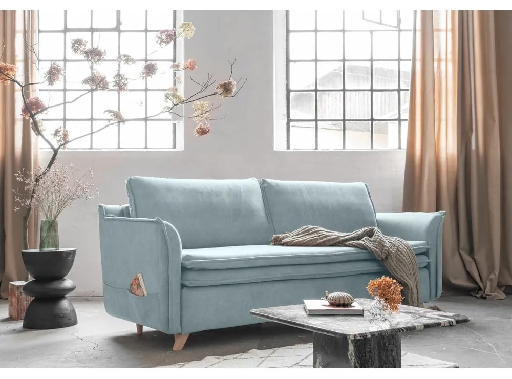 Jasnoniebieska aksamitna rozkładana sofa 225 cm Charming Charlie – Miuform