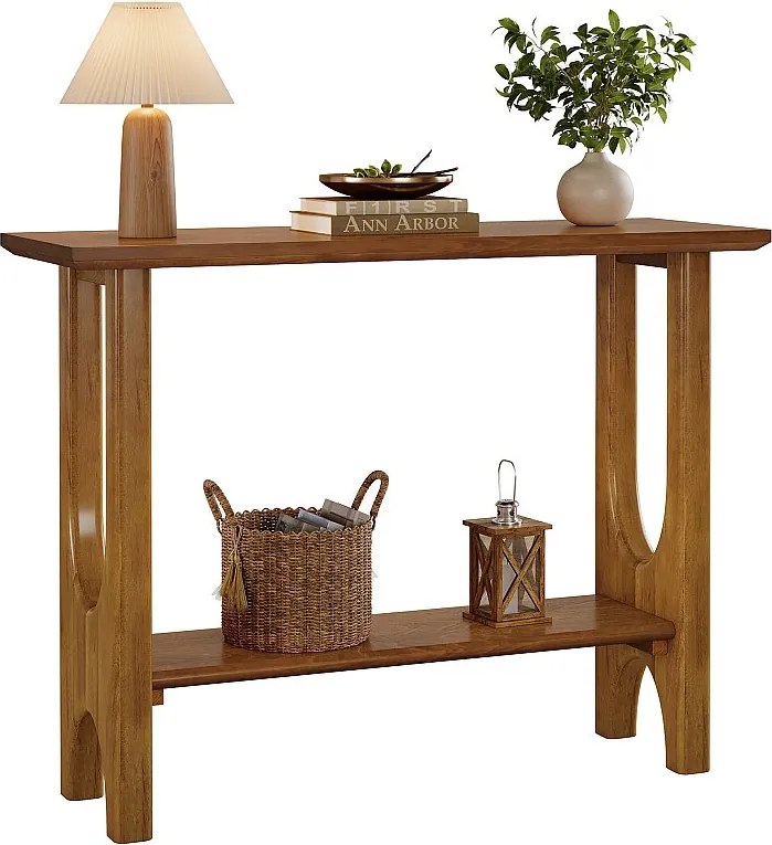 Stół wejściowy 105 cm z miejscem do przechowywania, nowoczesny stół konsolowy 2-poziomowy z nogami z litego drewna do salonu, przedpokoju