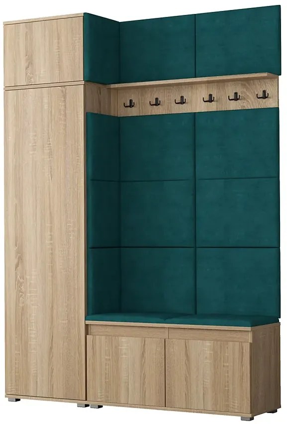 Garderoba z welurowym panelem ściennym dąb sonoma + butelkowa zieleń Z3-B52