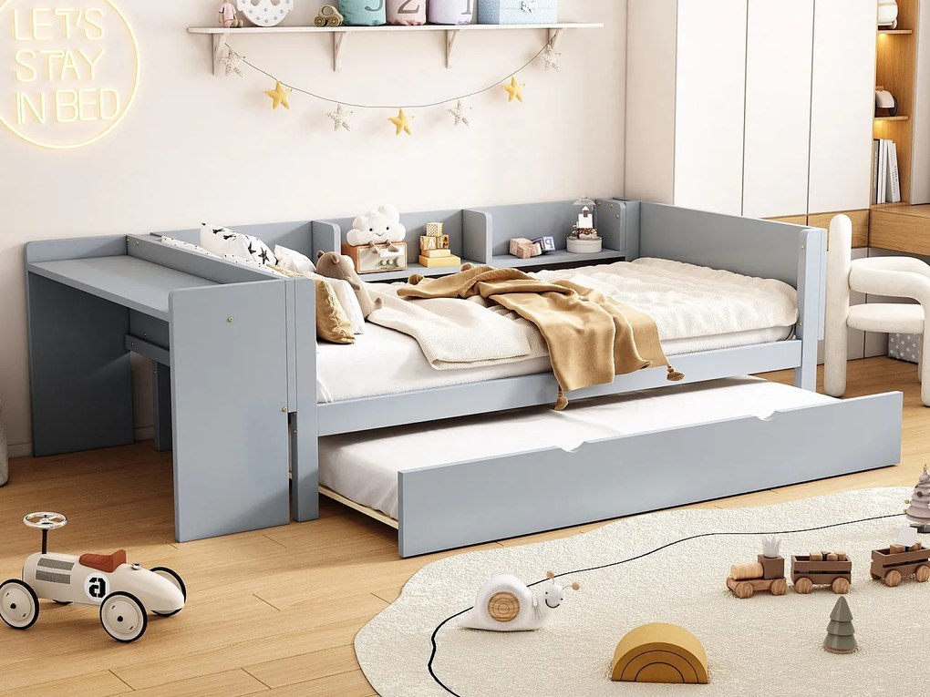 Łóżko wysuwane 90 x 200 cm + 90 x 180 cm z biurkiem i 3 półkami - lite drewno sosnowe - stelaż z listew - szare