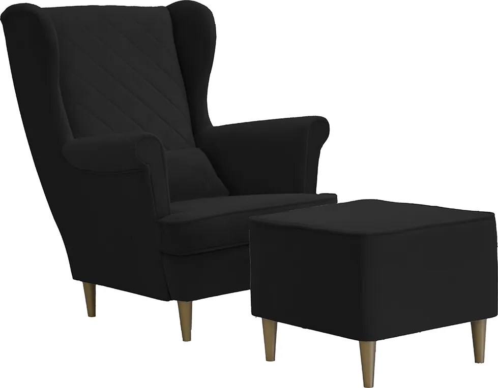 Fotel uszak skandynawski z podnóżkiem CLEO Czarny