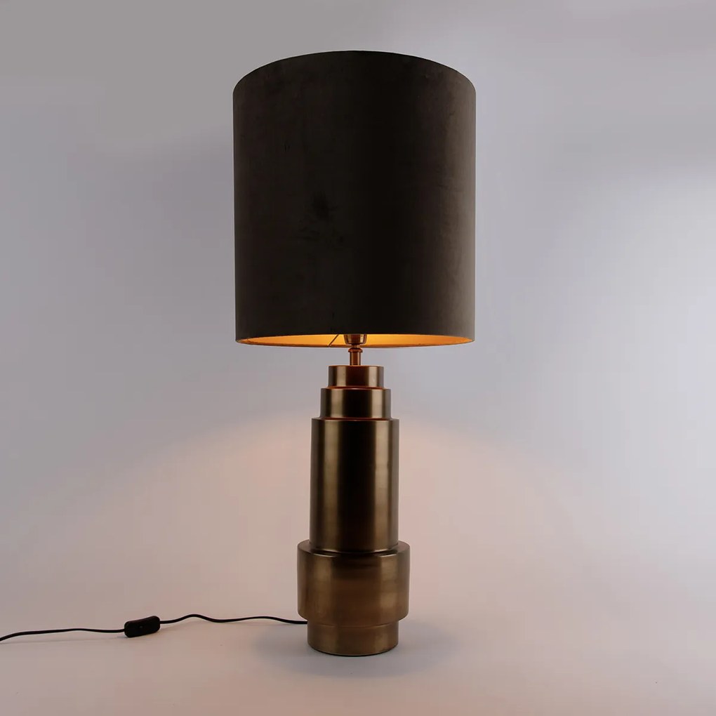 Lampa stołowa brązowa z abażurem z aksamitu w kolorze taupe ze złotem 40 cm - Bruut