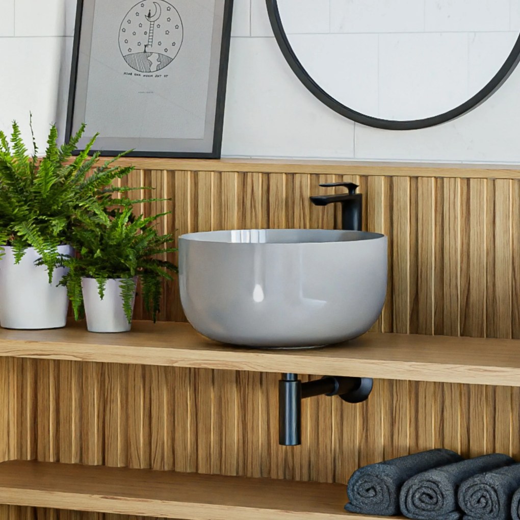 Umywalka ceramiczna nablatowa okrągła szara bez otworu na baterię 44 cm UNO 1 Silver Glow