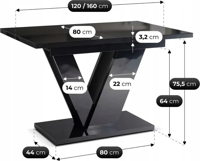 Stół Prostokątny Rozkładany CLARK 120-160 cm Czarny Połysk Glamour