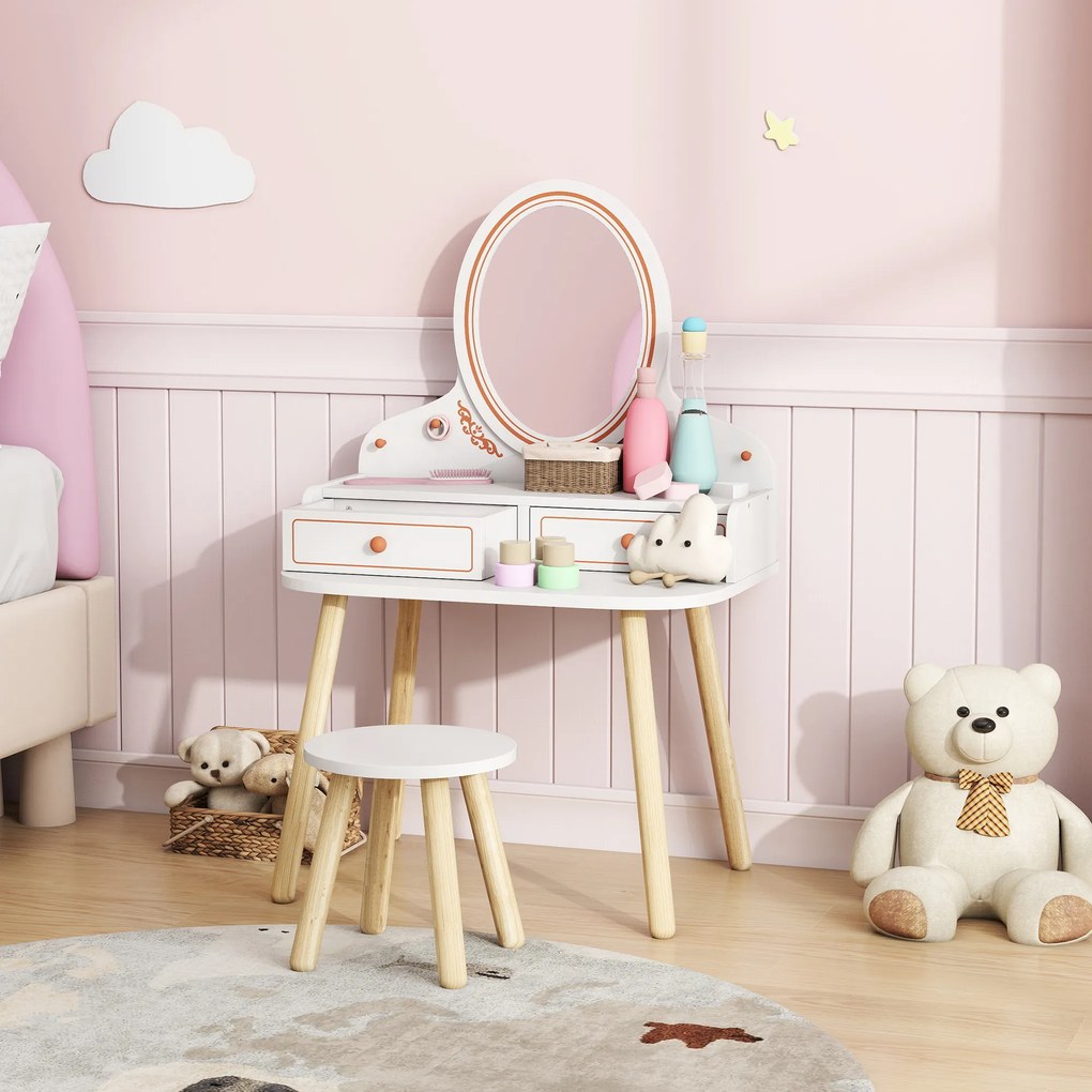 AIYAPLAY Dziecięcy Stolik do Makijażu Zestaw z Taboretem Lustrem Szufladami Drążkami na Ubrania dla 3-8 Lat 56 x 38 x 87,8 cm Biały | Aosom PL